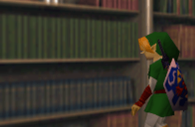 Adult Link looking at books on a shelf