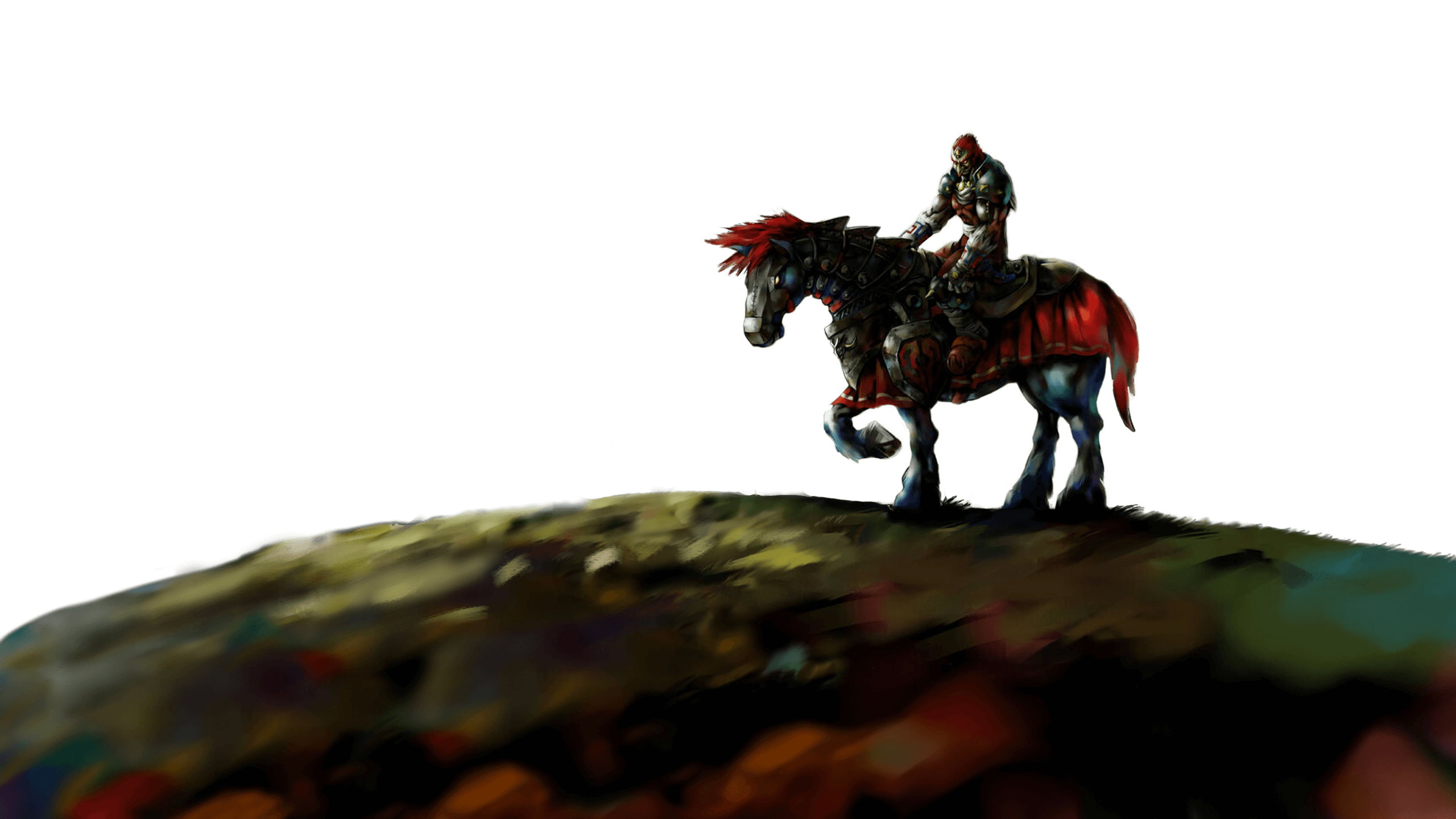 Ganon sitting on his horse atop a hill