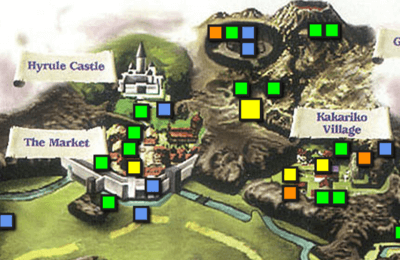 A map of Hyrule with nodes marking where item checks are